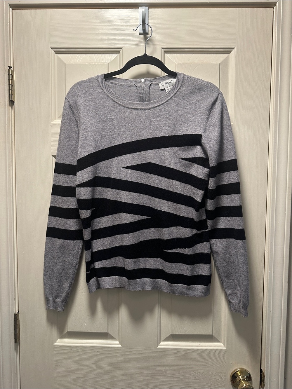EUC Carmen Gray Sweater with Black Stripes and z5” zipper in back